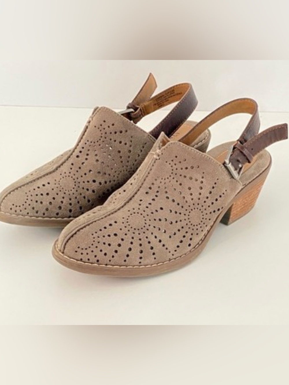 Perforated Taupe Suede Slingback Clogs with Low Stacked Heel